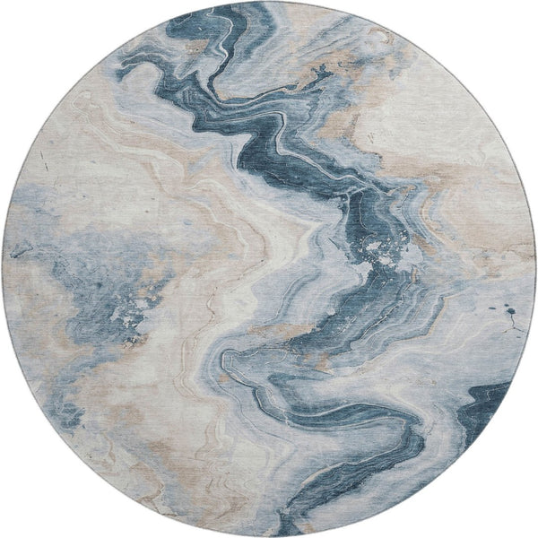 HomeRoots 8' Beige Blue Ivory Abstract Washable Round Rug - UV Protected, Soft, Durable, Perfect for Busy Homes 706136