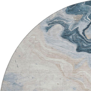 HomeRoots 8' Beige Blue Ivory Abstract Washable Round Rug - UV Protected, Soft, Durable, Perfect for Busy Homes 706136