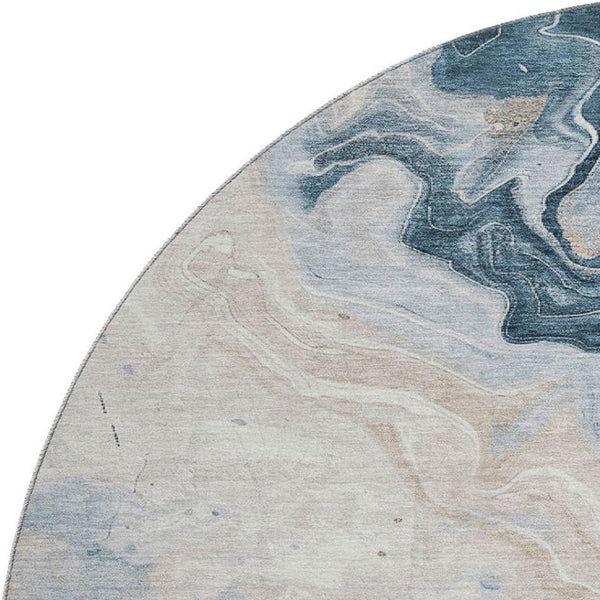 HomeRoots 8' Beige Blue Ivory Abstract Washable Round Rug - UV Protected, Soft, Durable, Perfect for Busy Homes 706136