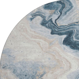 HomeRoots 8' Beige Blue Ivory Abstract Washable Round Rug - UV Protected, Soft, Durable, Perfect for Busy Homes 706136