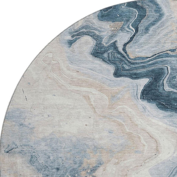 HomeRoots 8' Beige Blue Ivory Abstract Washable Round Rug - UV Protected, Soft, Durable, Perfect for Busy Homes 706136