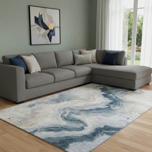 HomeRoots 8' X 10' Stylish Beige Blue Ivory Abstract Washable Area Rug with UV Protection for High-Traffic Use 706137