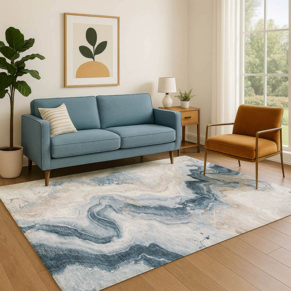 HomeRoots 8' X 10' Stylish Beige Blue Ivory Abstract Washable Area Rug with UV Protection for High-Traffic Use 706137