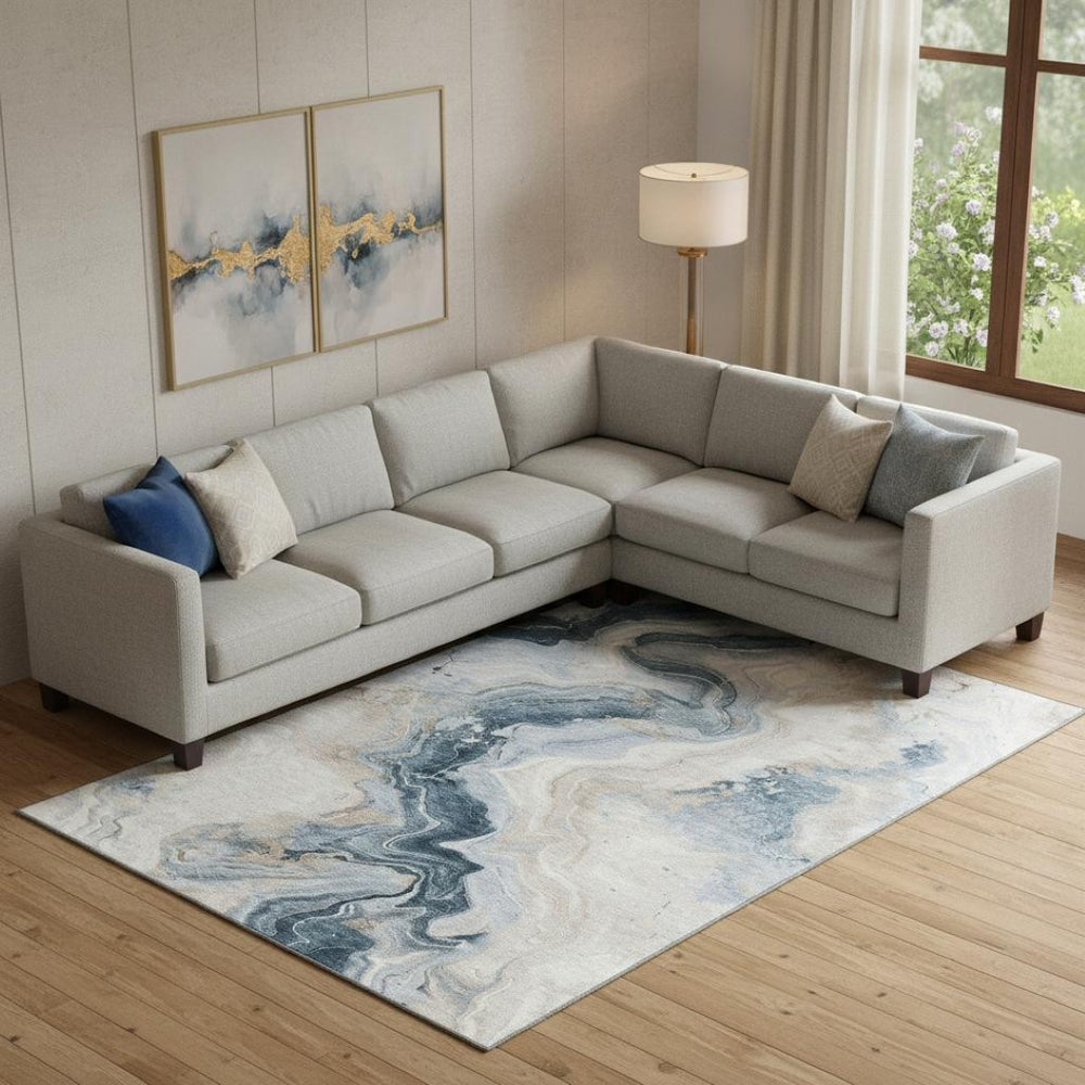 HomeRoots 9' X 12' Washable Abstract Area Rug in Beige, Blue & Ivory - Stain Resistant with UV Protection 706138
