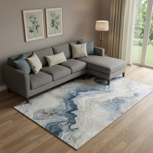 HomeRoots 10' Beige, Blue & Ivory Abstract Washable Area Rug – Stylish, Durable, UV Protected for Modern Homes 706139