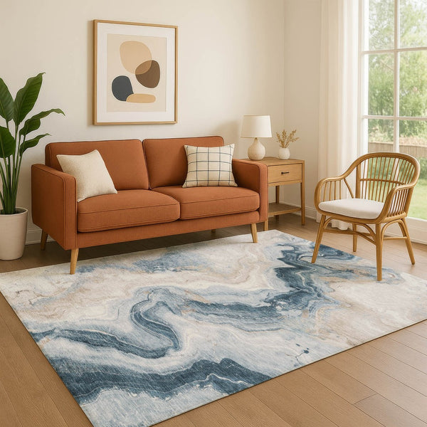 HomeRoots 10' Beige, Blue & Ivory Abstract Washable Area Rug – Stylish, Durable, UV Protected for Modern Homes 706139