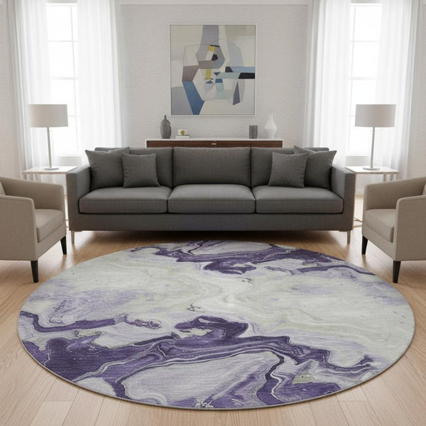 HomeRoots 8' Lavender Green & Ivory Abstract Round Rug - Durable, Stain-Resistant, UV Protected Design! 706142