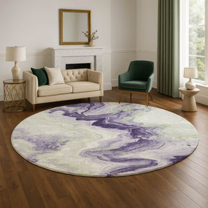 HomeRoots 8' Lavender Green & Ivory Abstract Round Rug - Durable, Stain-Resistant, UV Protected Design! 706142