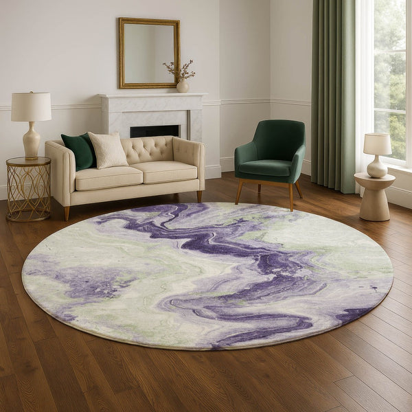HomeRoots 8' Lavender Green & Ivory Abstract Round Rug - Durable, Stain-Resistant, UV Protected Design! 706142
