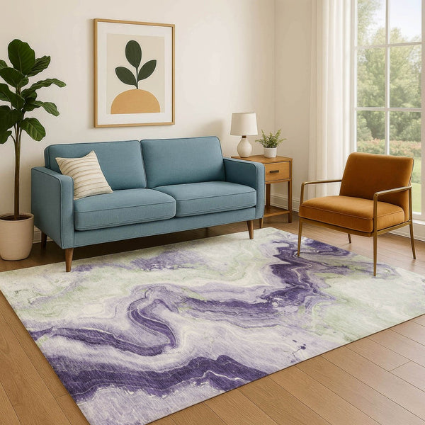 HomeRoots 9' X 12' Stylish Lavender Green and Ivory Abstract Area Rug - Washable, UV Protected, Non-Slip Design 706144