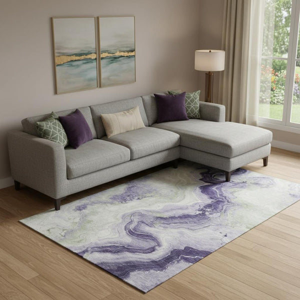 HomeRoots 10' X 14' Abstract Washable Area Rug in Lavender Green & Ivory - Stylish, UV-Protected & Easy-Care! 706145