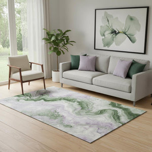 HomeRoots 5' X 8' Olive Green, Lavender & Ivory Abstract Area Rug - Washable, UV-Protected & Stain-Resistant! 706147