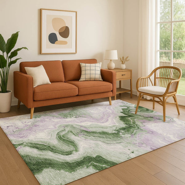 HomeRoots 5' X 8' Olive Green, Lavender & Ivory Abstract Area Rug - Washable, UV-Protected & Stain-Resistant! 706147