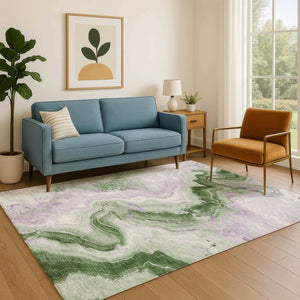 HomeRoots 5' X 8' Olive Green, Lavender & Ivory Abstract Area Rug - Washable, UV-Protected & Stain-Resistant! 706147