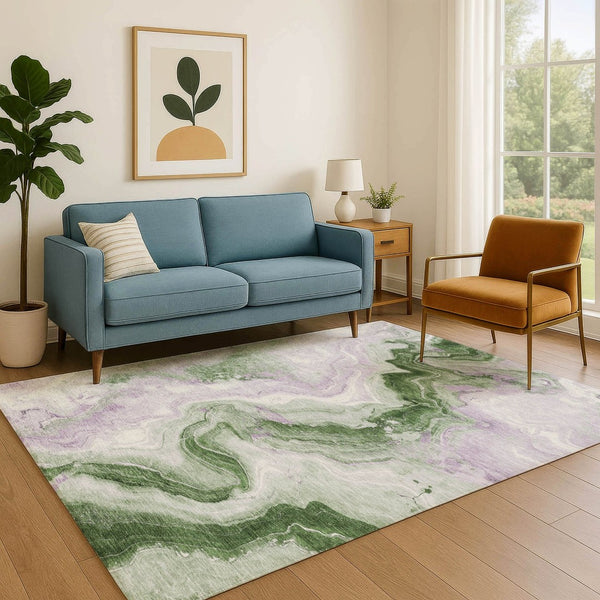 HomeRoots 5' X 8' Olive Green, Lavender & Ivory Abstract Area Rug - Washable, UV-Protected & Stain-Resistant! 706147