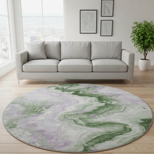 HomeRoots 8' Abstract Washable Round Rug in Olive Green, Lavender, and Ivory with UV Protection & Non-Slip Backing 706148