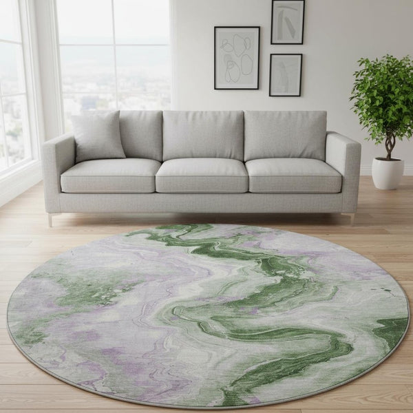 HomeRoots 8' Abstract Washable Round Rug in Olive Green, Lavender, and Ivory with UV Protection & Non-Slip Backing 706148