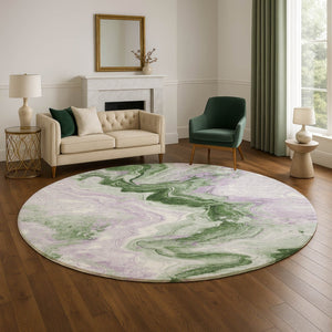 HomeRoots 8' Abstract Washable Round Rug in Olive Green, Lavender, and Ivory with UV Protection & Non-Slip Backing 706148