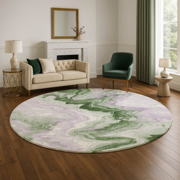 HomeRoots 8' Abstract Washable Round Rug in Olive Green, Lavender, and Ivory with UV Protection & Non-Slip Backing 706148