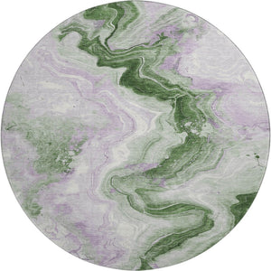 HomeRoots 8' Abstract Washable Round Rug in Olive Green, Lavender, and Ivory with UV Protection & Non-Slip Backing 706148