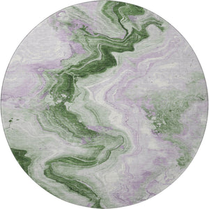 HomeRoots 8' Abstract Washable Round Rug in Olive Green, Lavender, and Ivory with UV Protection & Non-Slip Backing 706148
