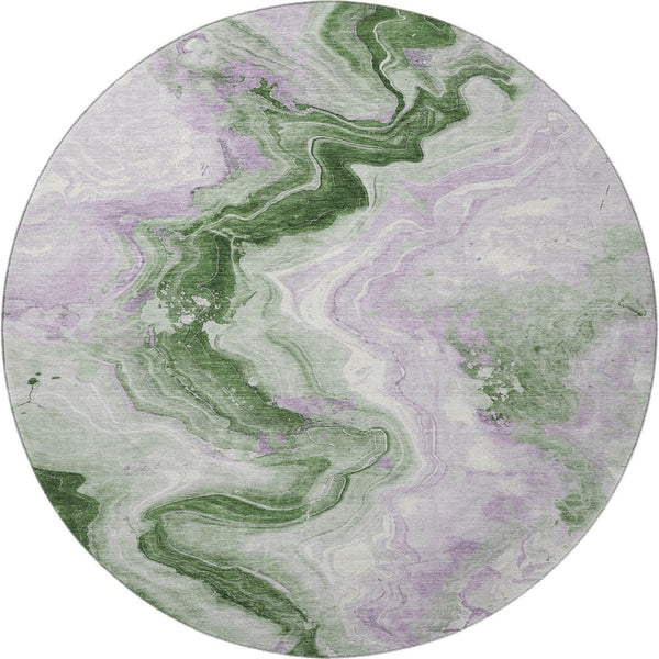 HomeRoots 8' Abstract Washable Round Rug in Olive Green, Lavender, and Ivory with UV Protection & Non-Slip Backing 706148