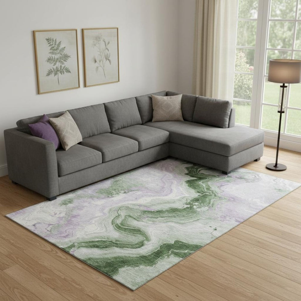 HomeRoots 9' X 12' Abstract Olive Green, Lavender & Ivory Washable Area Rug with UV Protection & Durability 706150