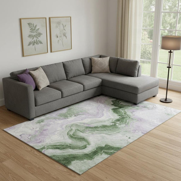 HomeRoots 9' X 12' Abstract Olive Green, Lavender & Ivory Washable Area Rug with UV Protection & Durability 706150