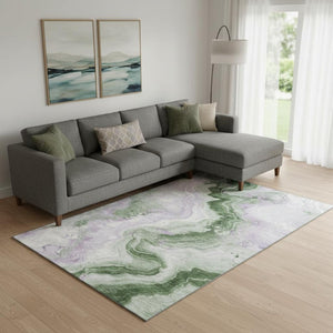 HomeRoots 10' X 14' Olive Green, Lavender & Ivory Abstract Washable Area Rug with UV Protection & Non-Slip Backing 706151