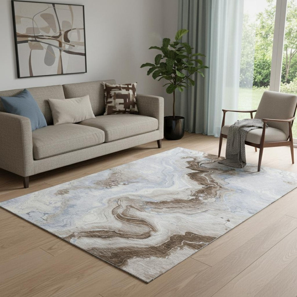 HomeRoots 5' X 8' Abstract Taupe Blue and Ivory Washable Area Rug – Soft, Durable, UV-Protected for Homes 706153
