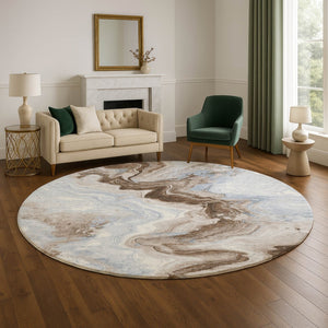 HomeRoots 8' Taupe Blue & Ivory Abstract Washable Round Rug - Durable, Stain & UV Resistant for Modern Spaces 706154