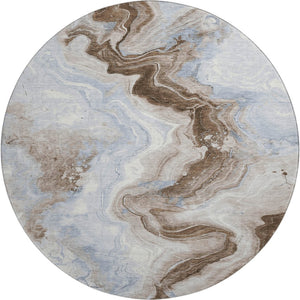 HomeRoots 8' Taupe Blue & Ivory Abstract Washable Round Rug - Durable, Stain & UV Resistant for Modern Spaces 706154