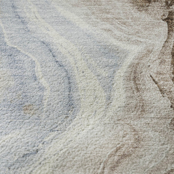 HomeRoots 8' Taupe Blue & Ivory Abstract Washable Round Rug - Durable, Stain & UV Resistant for Modern Spaces 706154
