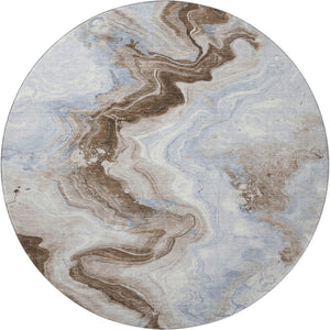 HomeRoots 8' Taupe Blue & Ivory Abstract Washable Round Rug - Durable, Stain & UV Resistant for Modern Spaces 706154