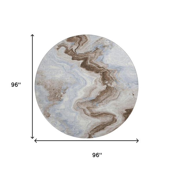 HomeRoots 8' Taupe Blue & Ivory Abstract Washable Round Rug - Durable, Stain & UV Resistant for Modern Spaces 706154