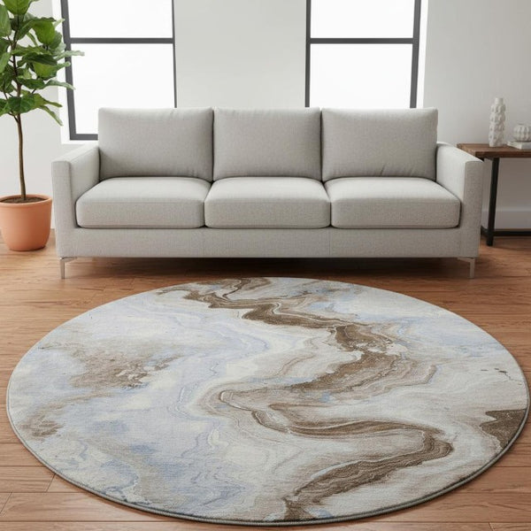 HomeRoots 8' Taupe Blue & Ivory Abstract Washable Round Rug - Durable, Stain & UV Resistant for Modern Spaces 706154