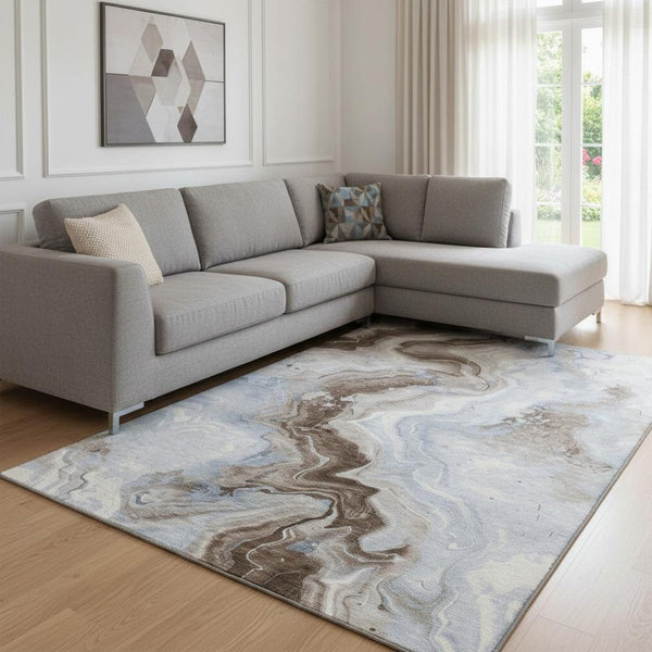 HomeRoots 8' X 10' Abstract Washable Area Rug in Taupe, Blue & Ivory – UV Protected, Durable & Easy Care! 706155