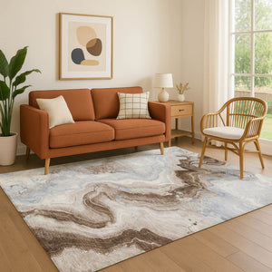 HomeRoots 8' X 10' Abstract Washable Area Rug in Taupe, Blue & Ivory – UV Protected, Durable & Easy Care! 706155