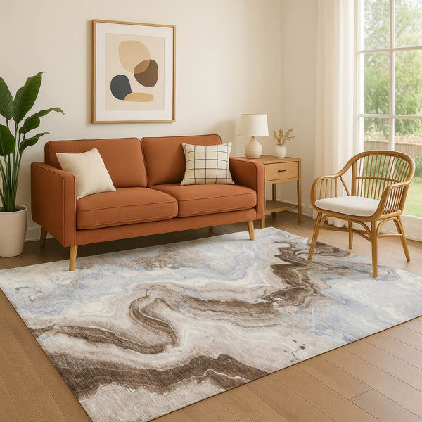 HomeRoots 8' X 10' Abstract Washable Area Rug in Taupe, Blue & Ivory – UV Protected, Durable & Easy Care! 706155