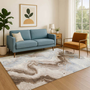 HomeRoots 8' X 10' Abstract Washable Area Rug in Taupe, Blue & Ivory – UV Protected, Durable & Easy Care! 706155
