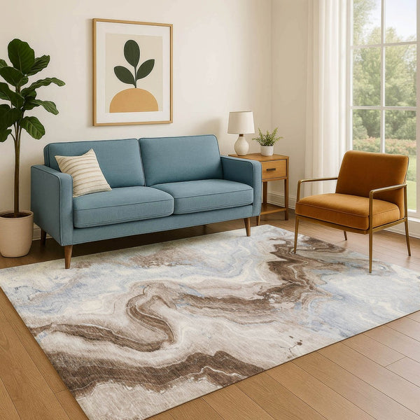 HomeRoots 8' X 10' Abstract Washable Area Rug in Taupe, Blue & Ivory – UV Protected, Durable & Easy Care! 706155