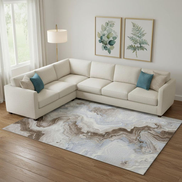 HomeRoots 9' X 12' Abstract Taupe Blue & Ivory Area Rug - Washable, UV Protected & Perfect for High-Traffic Rooms! 706156