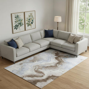 HomeRoots 10' Modern Taupe Blue Ivory Washable Area Rug - Stylish UV Protected, Stain Resistant & Non-Slip Design 706157