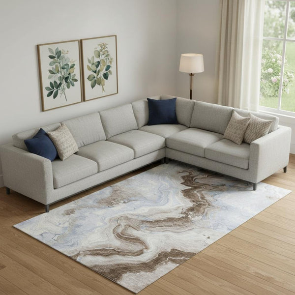HomeRoots 10' Modern Taupe Blue Ivory Washable Area Rug - Stylish UV Protected, Stain Resistant & Non-Slip Design 706157