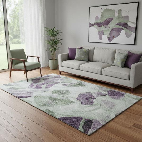 HomeRoots 5' X 8' Washable Abstract Area Rug in Artichoke Green & Lavender - UV Protected, Stain Resistant! 706159