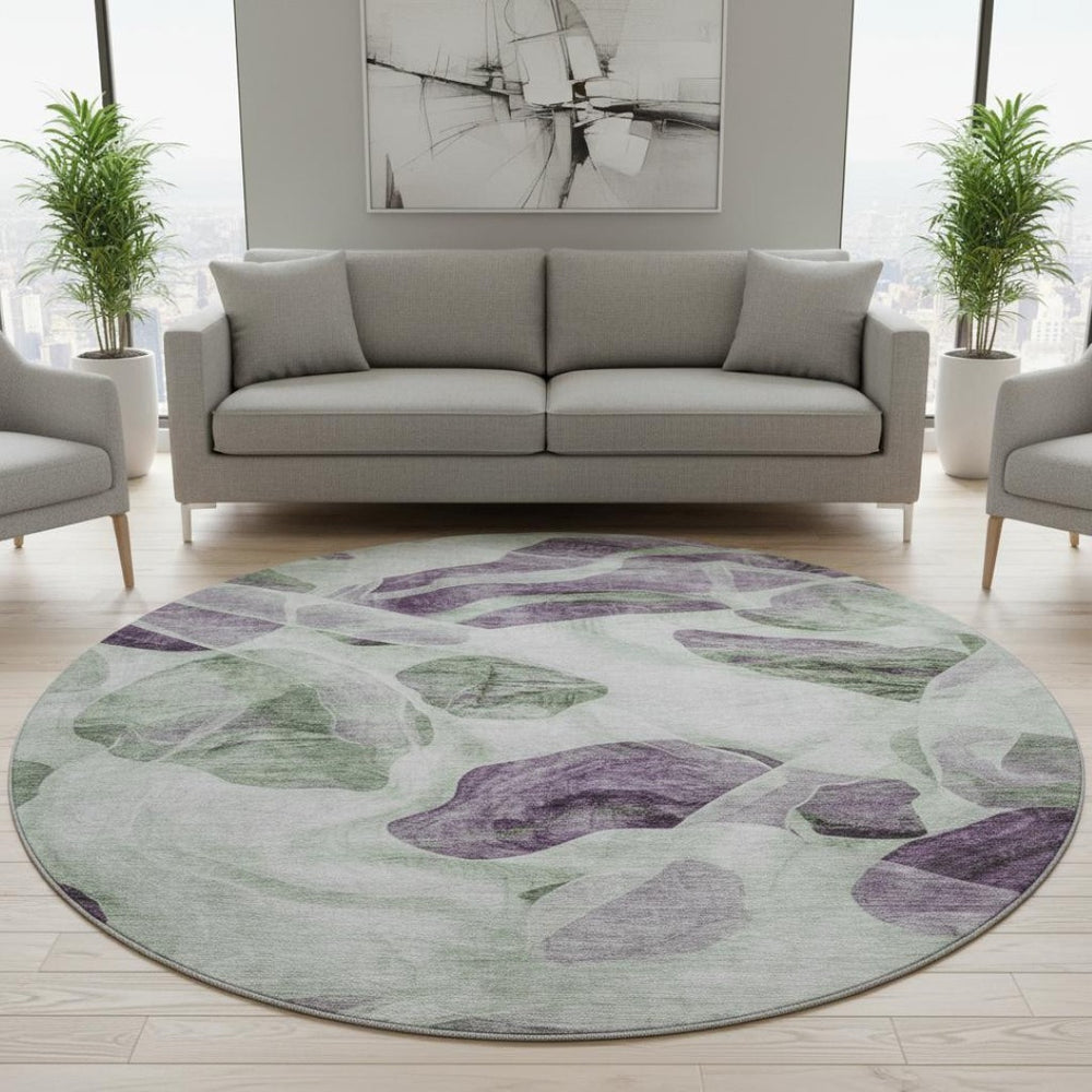 HomeRoots 8' Stylish Abstract Round Rug in Artichoke Green, Lavender & Ivory - Washable, UV-Protected & Durable 706160