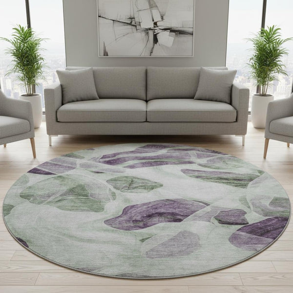 HomeRoots 8' Stylish Abstract Round Rug in Artichoke Green, Lavender & Ivory - Washable, UV-Protected & Durable 706160