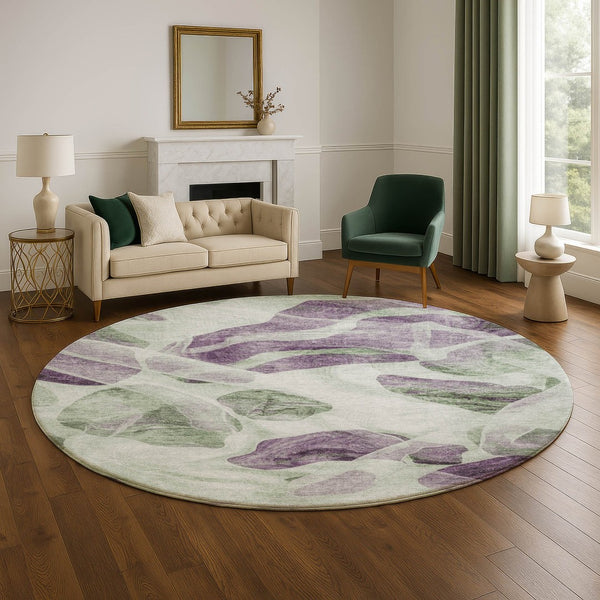HomeRoots 8' Stylish Abstract Round Rug in Artichoke Green, Lavender & Ivory - Washable, UV-Protected & Durable 706160