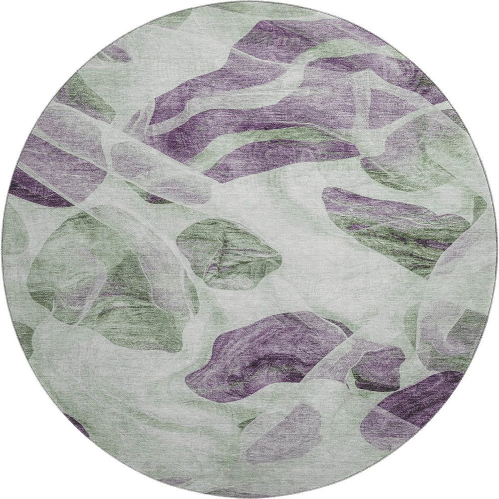 HomeRoots 8' Stylish Abstract Round Rug in Artichoke Green, Lavender & Ivory - Washable, UV-Protected & Durable 706160