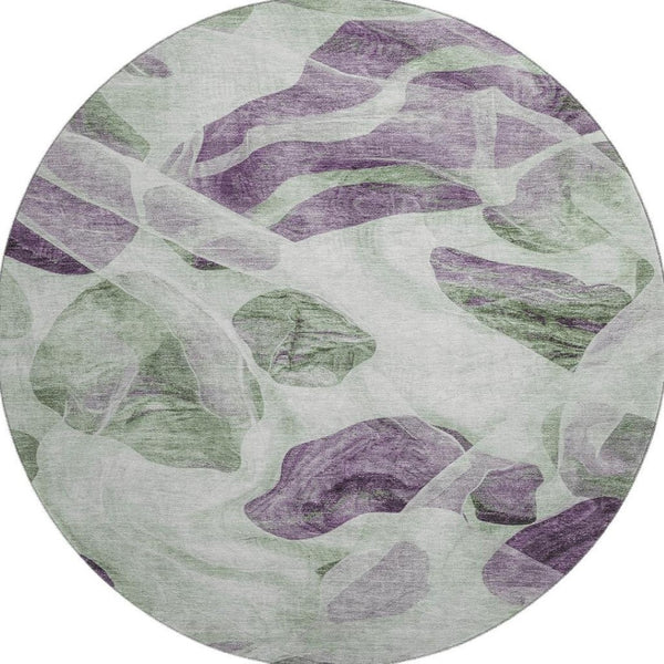 HomeRoots 8' Stylish Abstract Round Rug in Artichoke Green, Lavender & Ivory - Washable, UV-Protected & Durable 706160